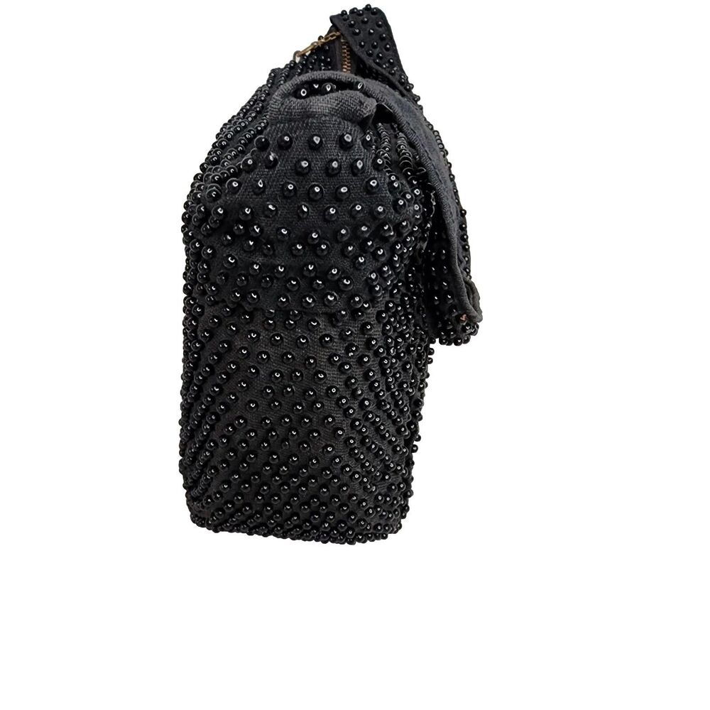 Vintage Plastic Beaded Bag Pleated Satchel Crescent Black Zippered Closure - Picture 6 of 16
